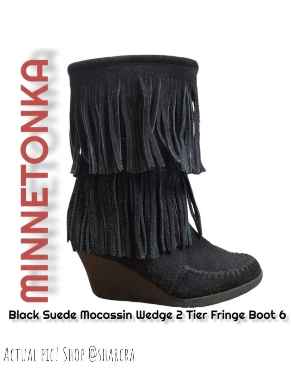 Minnetonka Women Moccasin Double Layer Fringe Wedge Boots Mid Calf Black Suede 6